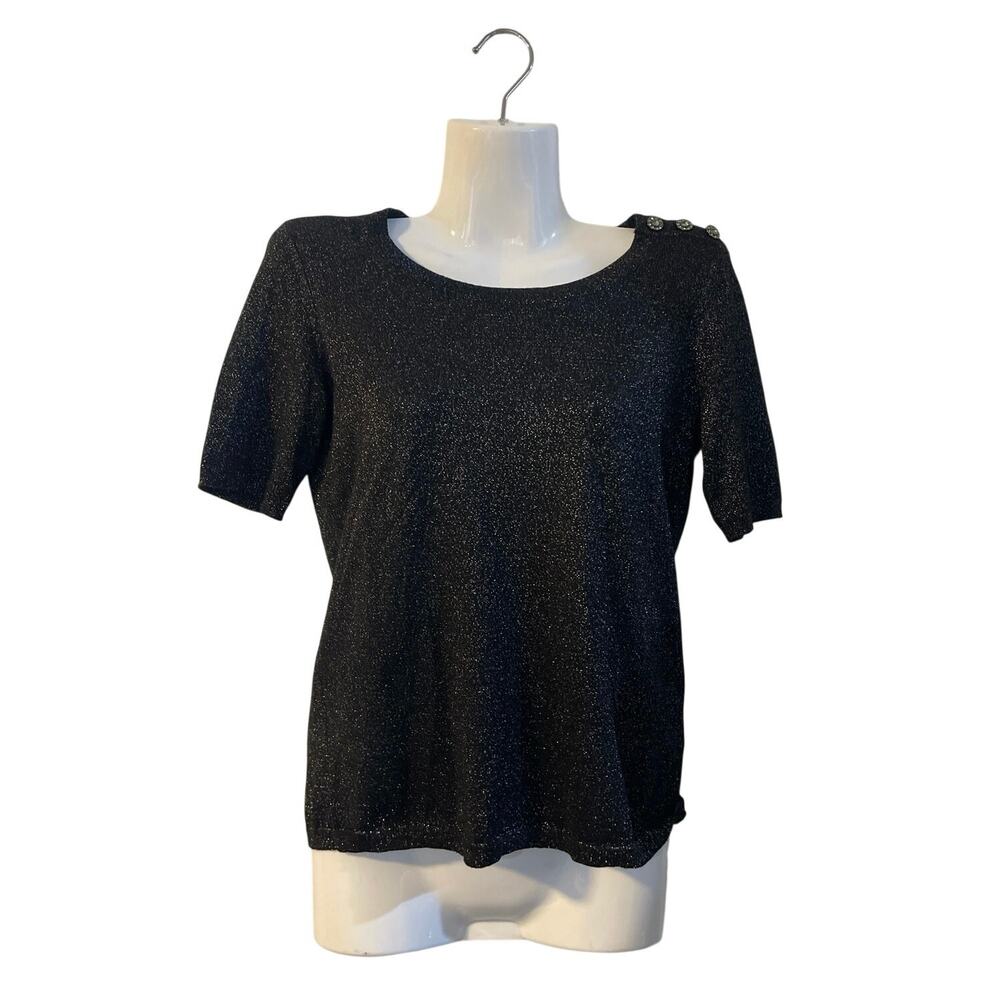 Talbots Button Shoulder Shimmer Short Sleeve Top SZ P Sparkling Dressy Holiday